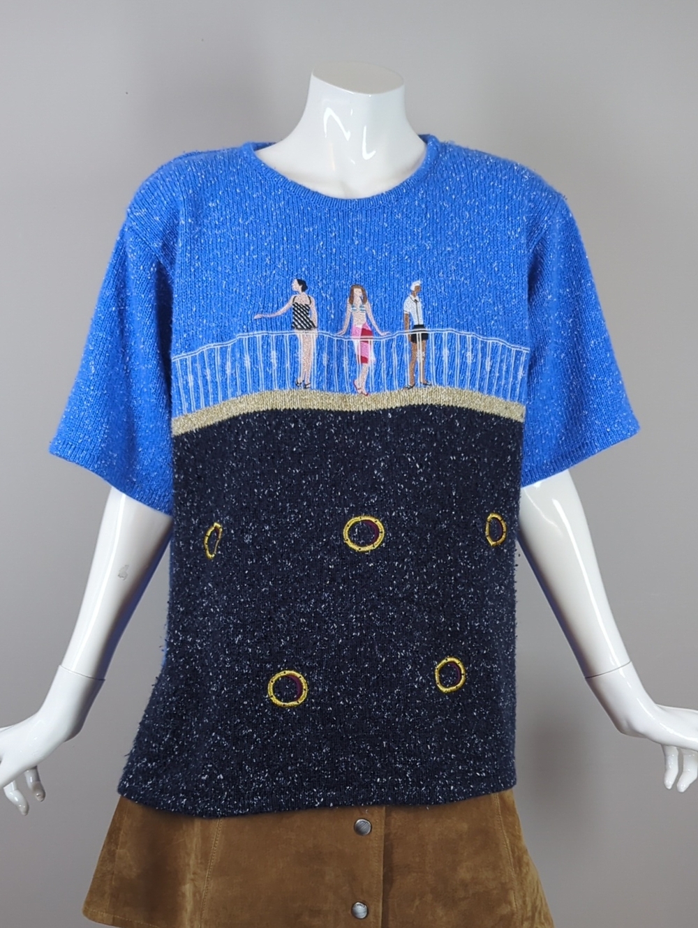 Vintage Novelty Knit Top TanJay Blue & Black Seaside Top Short Sleeve Large